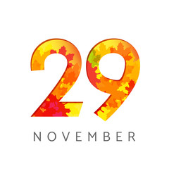 29 th of November calendar numbers. 29 years old autumn logotype. Anniversary digits with leaves. Isolated abstract graphic design template. White background. Up to 29% percent off creative discount.