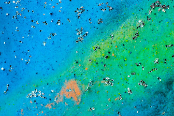 Fototapeta na wymiar Beautiful colorful background with glitter and colored bubbles in oil and watercolor. Sparkle particles. Macro oil ink bubbles and drops. Abstract template acrylic paint texture. Colored Wallpaper 