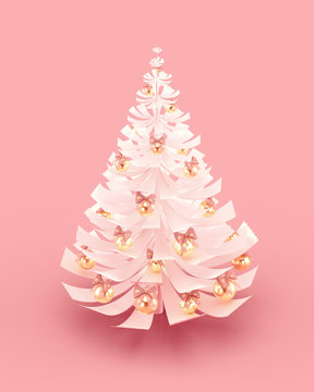 Decorated white Christmas tree for Merry Christmas and Happy New Year greeting cards design. 3d rendering.