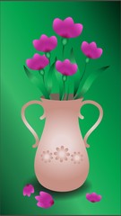 pink bouquet in a vase on a green background