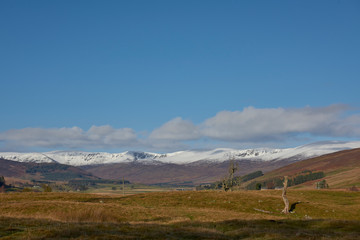 Looking west along the Glen Clova Valley towards Corrie Fee, with Snow covering the Tops of the Mountains on a bright November day.