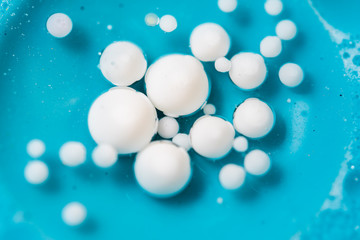 Beautiful colorful background with glitter and colored bubbles in oil and watercolor. Sparkle particles. Macro oil ink bubbles and drops. Abstract template mixed texture. Colored Wallpaper Pattern 