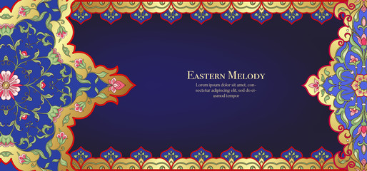 Eastern ethnic motif, traditional muslim ornament. Template for wedding invitation, greeting card, banner, gift voucher, label. Vector illustration
