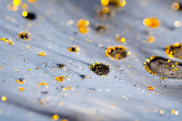 Macro Close Up Shot Of Golden Wet Glitter. Golden Space Glittering Particle Background. Golden sand or dust abstract formations. Colorful sparkling paints. Oil ink of yellow and gold. Pure Liquid Gold