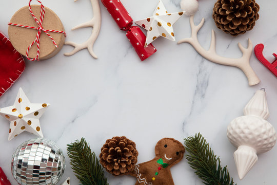 Christmas layflat compostion, festive decorations on a marble background