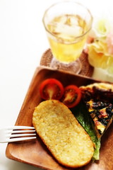 Hash brown on wooden plate for breakfast image