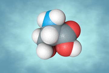 Space-filling molecular model of l-threonine. Atoms are represented as spheres with conventional color coding: carbon (grey), oxygen (red), nitrogen (light blue), hydrogen (white). 3d illustration