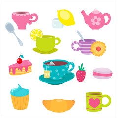 Funny cartoon tea cup. Cute mugs and sweets. Teacups and teapot, cake and macaroon with smile. Vector illustration, cartoon flat style.
