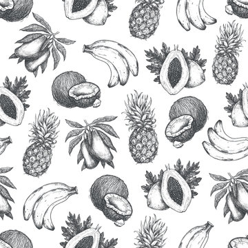 Fresh exotic fruit seamless pattern. Tropical fruits, pineapple, banana, coconut, mango, papaya. Vector illustration