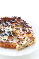 French food, homemade Shimeji mushroom and spinach quiche
