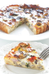 French food, homemade Shimeji mushroom and spinach quiche