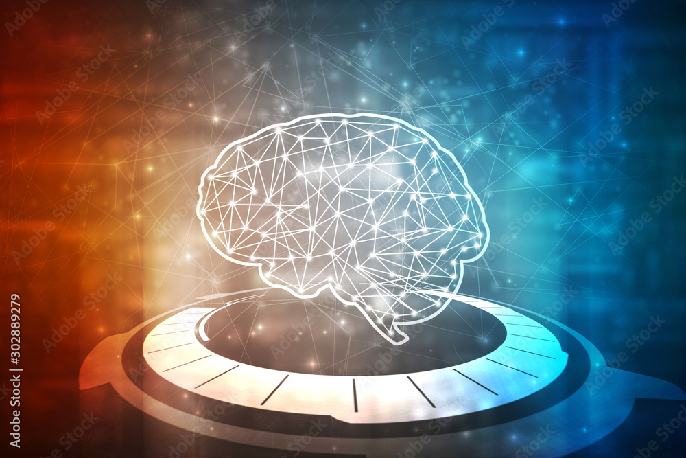 Poster 2d illustration concept of thinking, background with brain, abstract artificial intelligence. techno