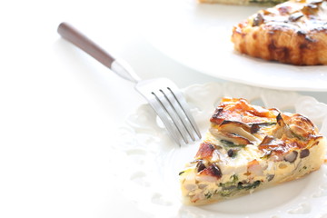 French food, homemade Shimeji mushroom and spinach quiche