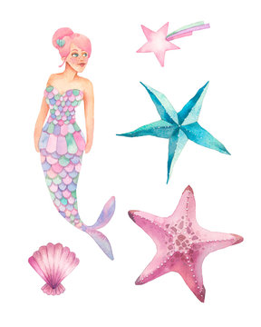 Watercolor mermaid in cartoon style. Hand drawn elements: shell, sea stars. Girly artwork set