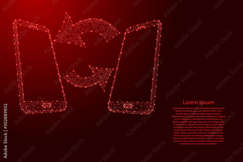 Poster two smartphones and the concept of data exchange interactive communication from futuristic polygonal