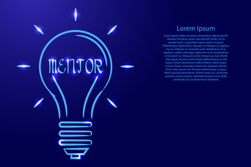 Mentoring concept in the form of spiral lamp from the contour blue brush lines different thickness and glowing stars on dark background. Vector illustration.