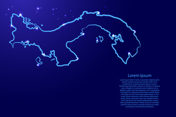 Panama map from the contour blue brush lines different thickness and glowing stars on dark background. Vector illustration.