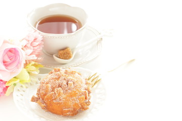 Sugar deep fried bread on dish with copy space