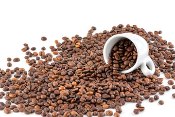 Cup of Coffee Beans Isolated on White Background, close-up