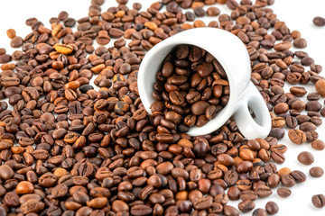 Cup of Coffee Beans Isolated on White Background, close-up