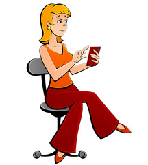 A girl sits in an office chair and calls on her cell phone. Cartoon style.