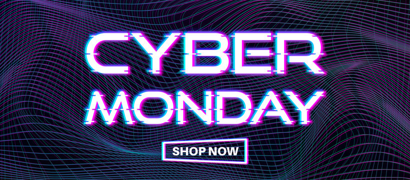 Cyber Monday vector design template. Trendy concept of sale banner for online shopping. Promo text on lines distortion background with glitch effect. Stock illustration