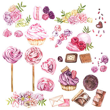 Watercolor sweets collection. Hand drawn watercolor cakes illustrations. Wedding cake, cake with berries, pink cup, cookie, cupcake, macaroon and flowers. Perfect for invitation, wedding or greeting
