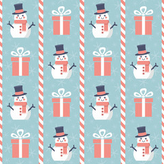 Christmas pattern. Seamless vector illustration with snowmen, presents and candy canes - 302891201