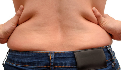 Naklejka premium Close up of woman with excessive back fat isolated on white background