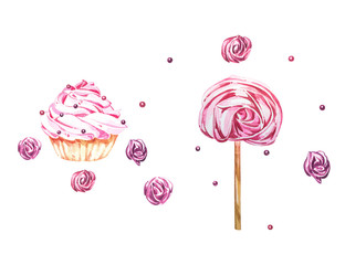 Watercolor illustration of cake. Perfect for invitation, wedding or greeting cards. With beautiful watercolor ink drops on white paper, splatter spreading on clear background.