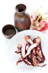 Japanese food, vinegar squid on dish with copy space