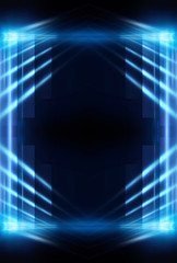Abstract blue dark background. Dark night scene with neon lines and rays. Dark light corridor. Symmetrical reflection, neon.