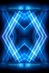 Abstract blue dark background. Dark night scene with neon lines and rays. Dark light corridor. Symmetrical reflection, neon.
