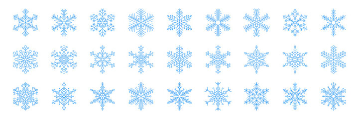 Fototapeta na wymiar Set of 27 blue snowflake icon - a symbol of winter holidays, Christmas and New Year, cold weather and frost - isolated on white background. Elegant vector design element.