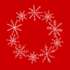 Xmas and new year simple wreath of snowflakes. For greeting card: Merry Christmas. Background for winter holidays. Doodle cartoon illustration.