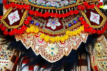 details of costume of Barong in hindu temple in Bali-Indonesia