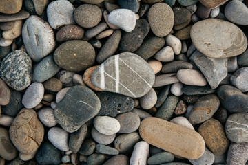 Gravel pattern of colored stones. Abstract nature pebbles background. Stone background. Sea peblles beach. Top view.