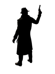 Detective in Trench Coat with Raised Weapon 3-D-Illustration (White Background)