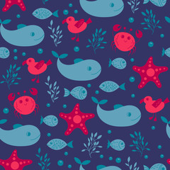 Seamless cute underwater pattern on white background. sea vector animals. It can be used for backgrounds, surface textures, wallpapers, print fills. kids fashion. flat design