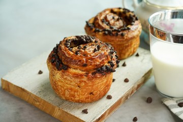 Cruffin / Chocolate Croissant muffins, selective focus