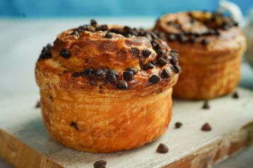 Cruffin / Chocolate Croissant muffins, selective focus