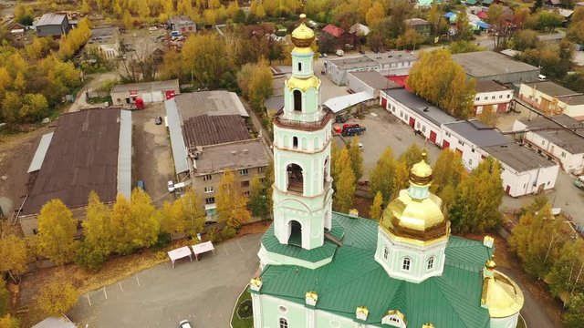 Flight over the Holy Trinity Church. Nizhny Tagil. Russian Federation