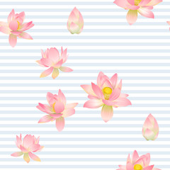 Lotus flowers seamless pattern. Vector illustration. On blue and white stripes background.