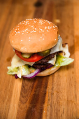Hamburger on the wooden table