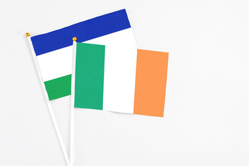 Ireland and Lesotho stick flags on white background. High quality fabric, miniature national flag. Peaceful global concept.White floor for copy space.