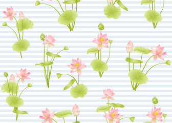 Lotus flowers seamless pattern. Vector illustration. On blue and white stripes background.