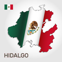 Vector map of Hidalgo state combined with waving Mexican national flag. Hidalgo silhouette or borders for geographic themes - Vector