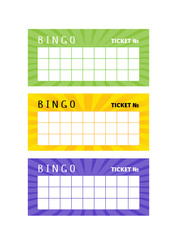 British bingo cards for party with place for numbers. Vector lottery ticket templates with purple, yellow and green glowing backgrounds. Ready for print