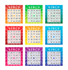 Set of american bingo tickets for party. Bright templates with various glowing backgrounds with stars. Vector lottery tickets with numbers