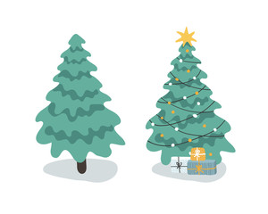 Illustration with New year elements. Christmas tree without decorations and another with garlands and gifts. Flat vector illustration isolated on white background.